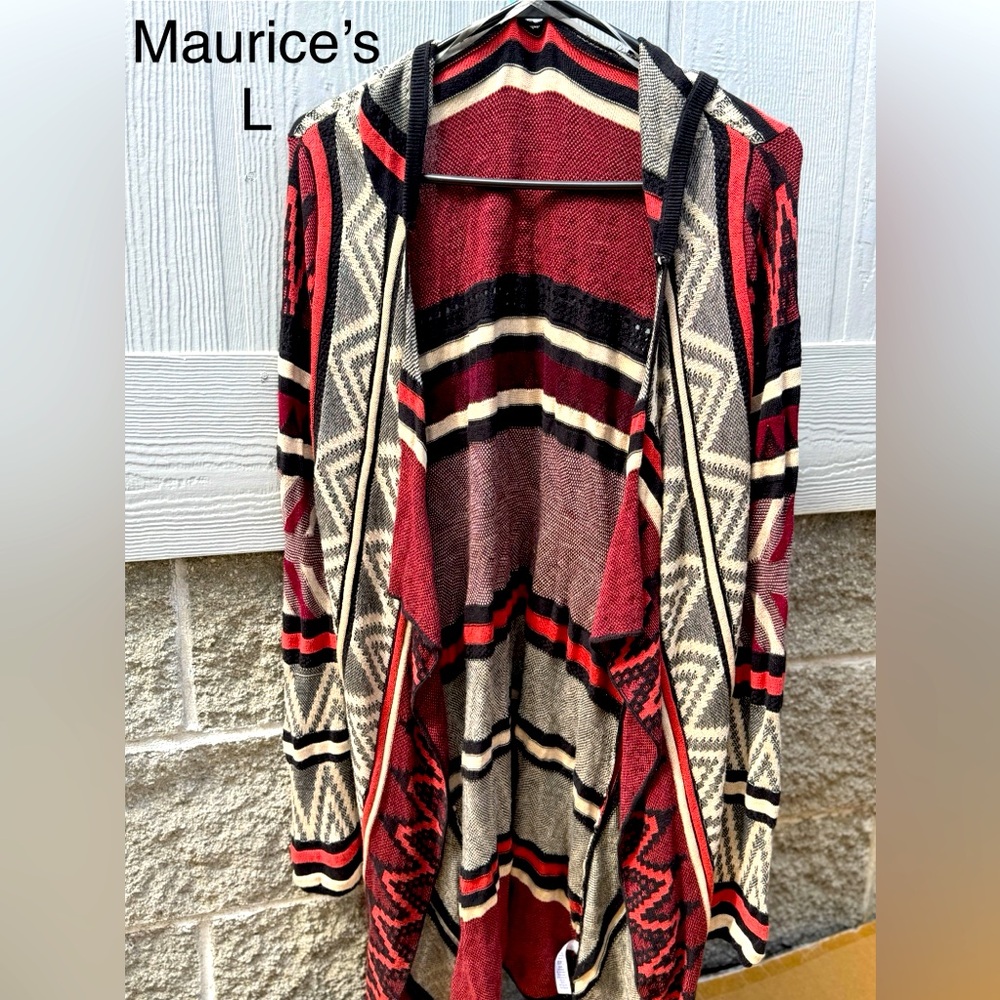 Maurices Red and Black Geometric Cardigan Sweater